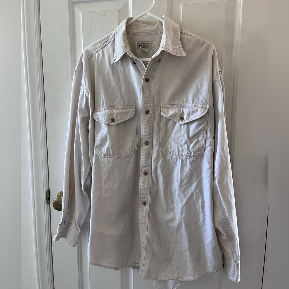 Vintage 90s Banana Republic Safari Travel Shirt Mens L Khaki 100% Cotton Utility